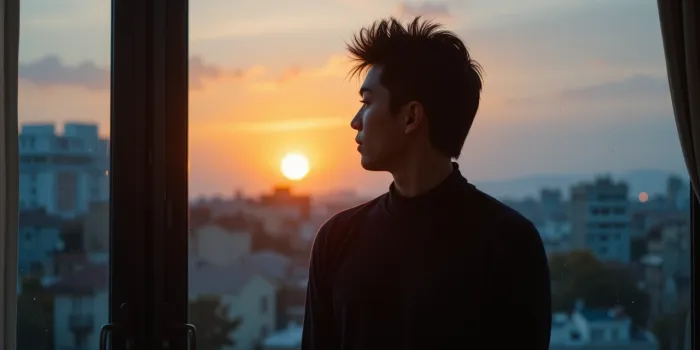 창가에 서서 췌장암 4기 진단을 떠올리며 인생을 되돌아보는 환자의 모습