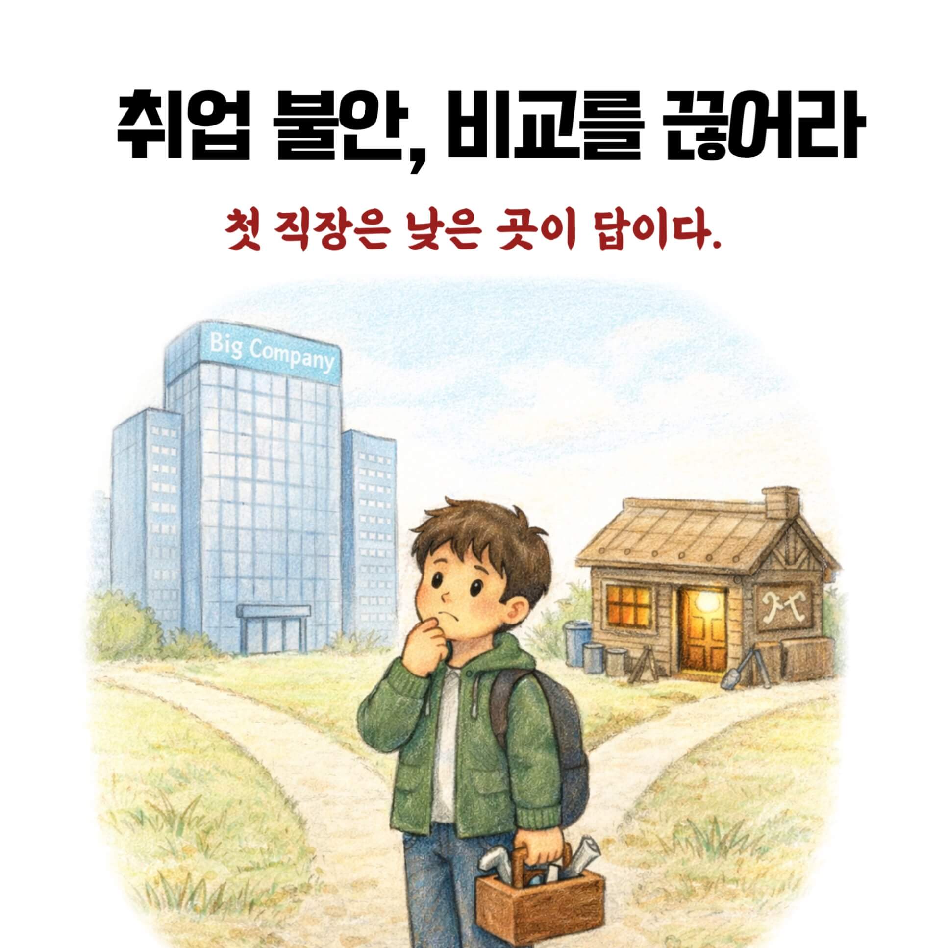 번듯한 길과 작은 시작 사이에서 비교를 내려놓고 실력을 택하는 장면.