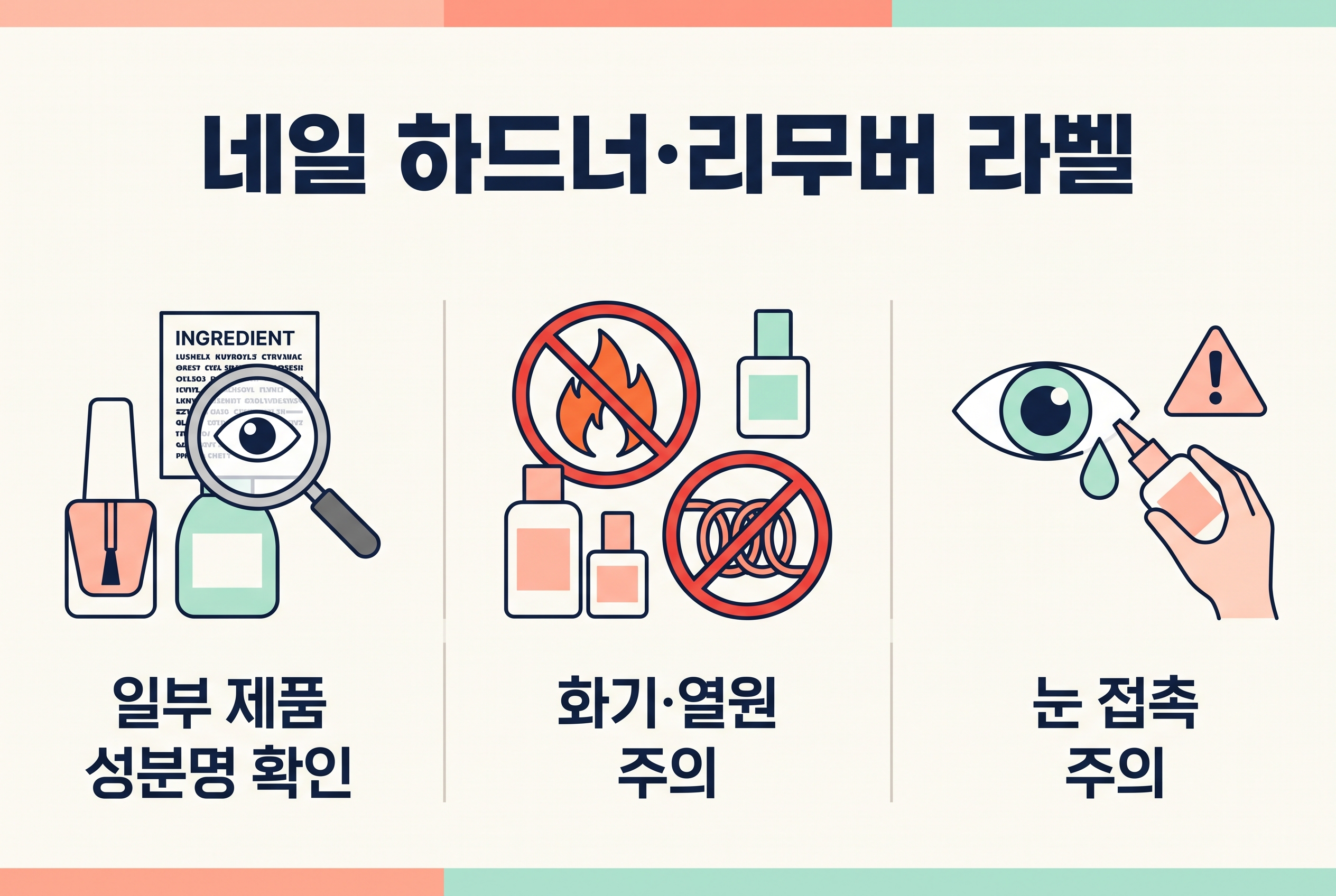 네일 하드너와 리무버의 라벨, 화염 주의와 눈 접촉 주의 아이콘을 보여 주는 도식.