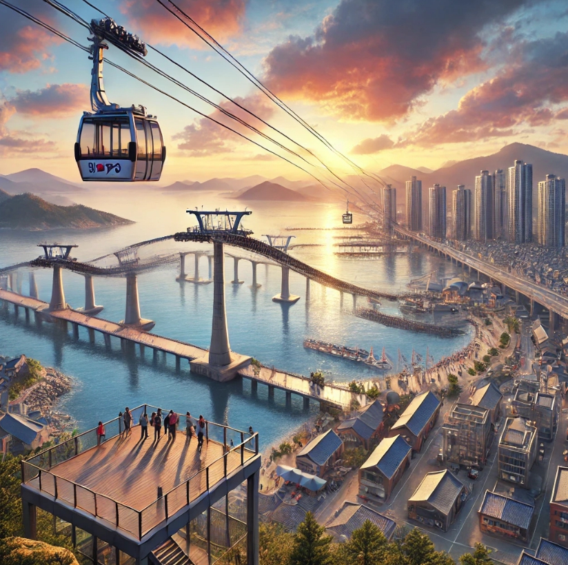 해상 케이블카와 아름다운 풍경을 담은 그림