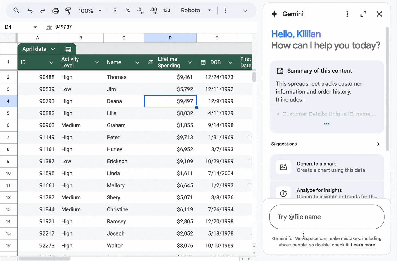 Gemini + Google Sheets