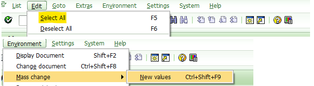 Edit-select All / Environment-mass change-New values SAP 화면