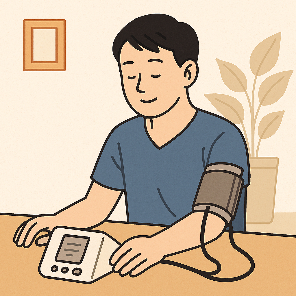 바른자세로 편안하게 혈압을 측정하는 모습을 표현한 일러스트