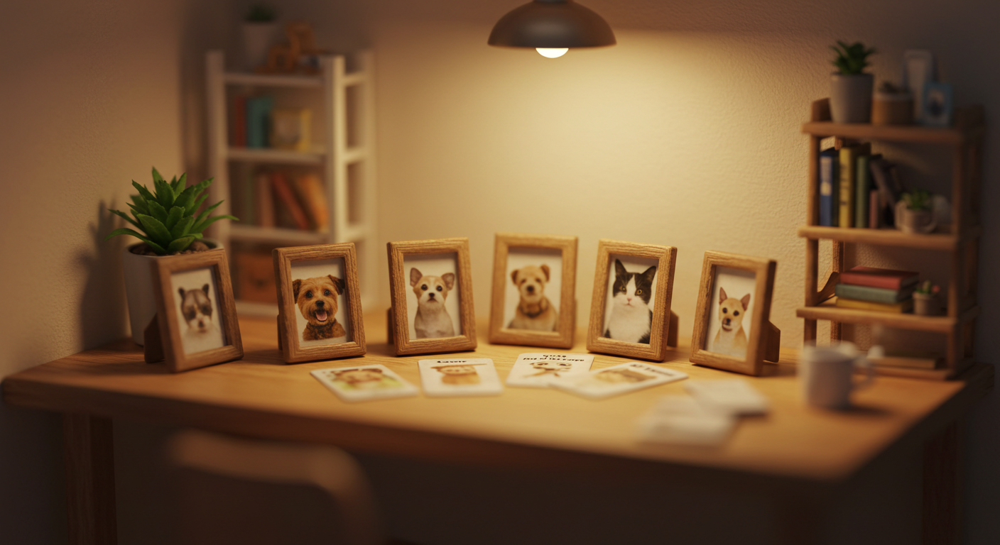 책상 위 미니어처 소품처럼 배치된 작은 사진 프레임 속 반려동물 캐릭터 카드들을 틸트쉬프트 느낌으로 촬영한 대표 이미지