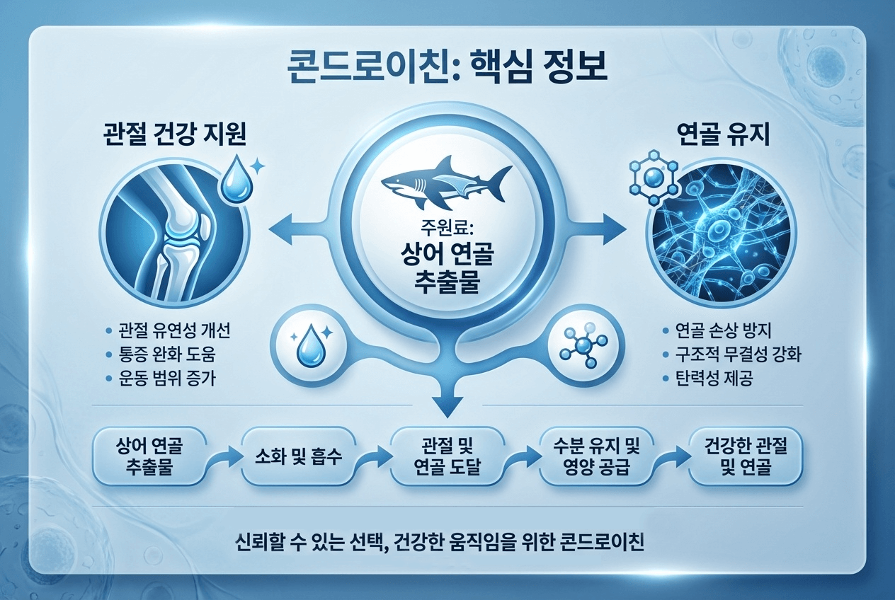 상어 연골 추출물을 원료로 한 콘드로이친이 관절과 연골 컨디션, 수분 유지 등에 어떤 도움을 줄 수 있는지 아이콘과 다이어그램으로 정리한 블루 톤 인포그래픽 이미지