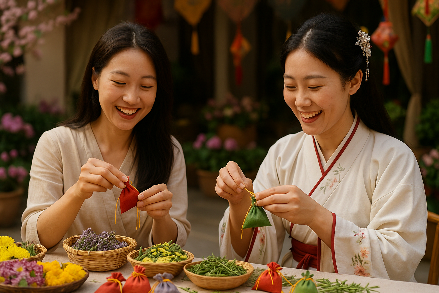 A springtime cultural experience of two women smiling as they make traditional herbal sachets during the Dragon Boat Festival in Beijing