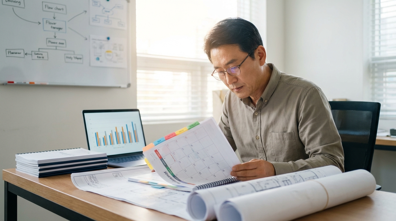 사무실에서 연간 시설 보수 계획표와 도면을 검토 중인 공무팀 관리자