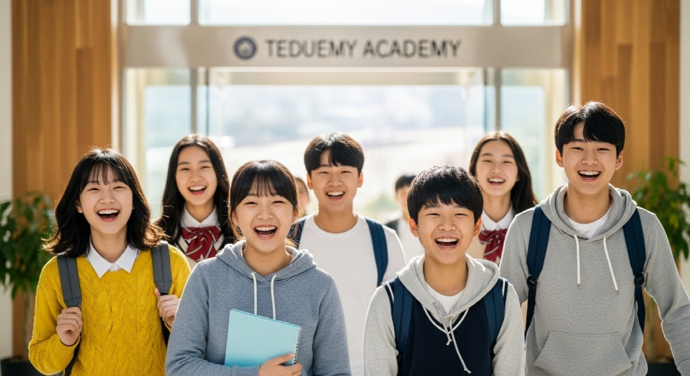 학원 입구에서 밝게 웃으며 들어가는 중학생
