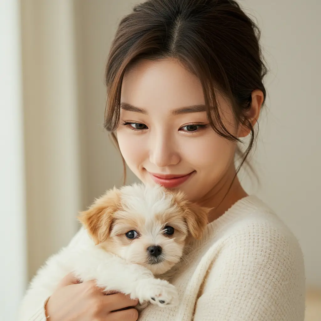 보호를 받아야하는 귀여운 강아지를 안고있는 여성