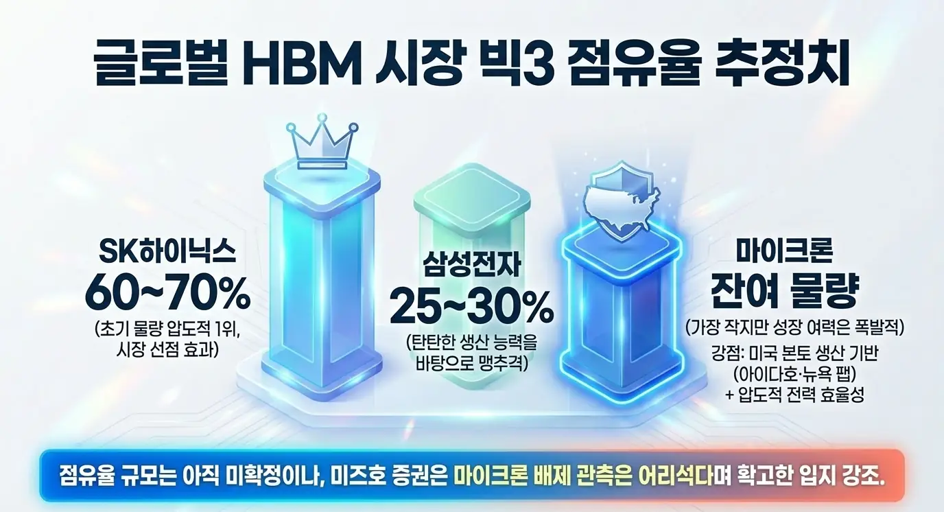 마이크론 주가 전망: 글로벌 HBM 시장 빅3 점유율 추정치를 SK하이닉스 60~70%, 삼성전자 25~30%, 마이크론 잔여 물량으로 비교한 이미지. 마이크론의 미국 본토 생산 기반과 전력 효율 강점을 시각화하며, 마이크론과 SK하이닉스 HBM 경쟁 구도 섹션을 설명함