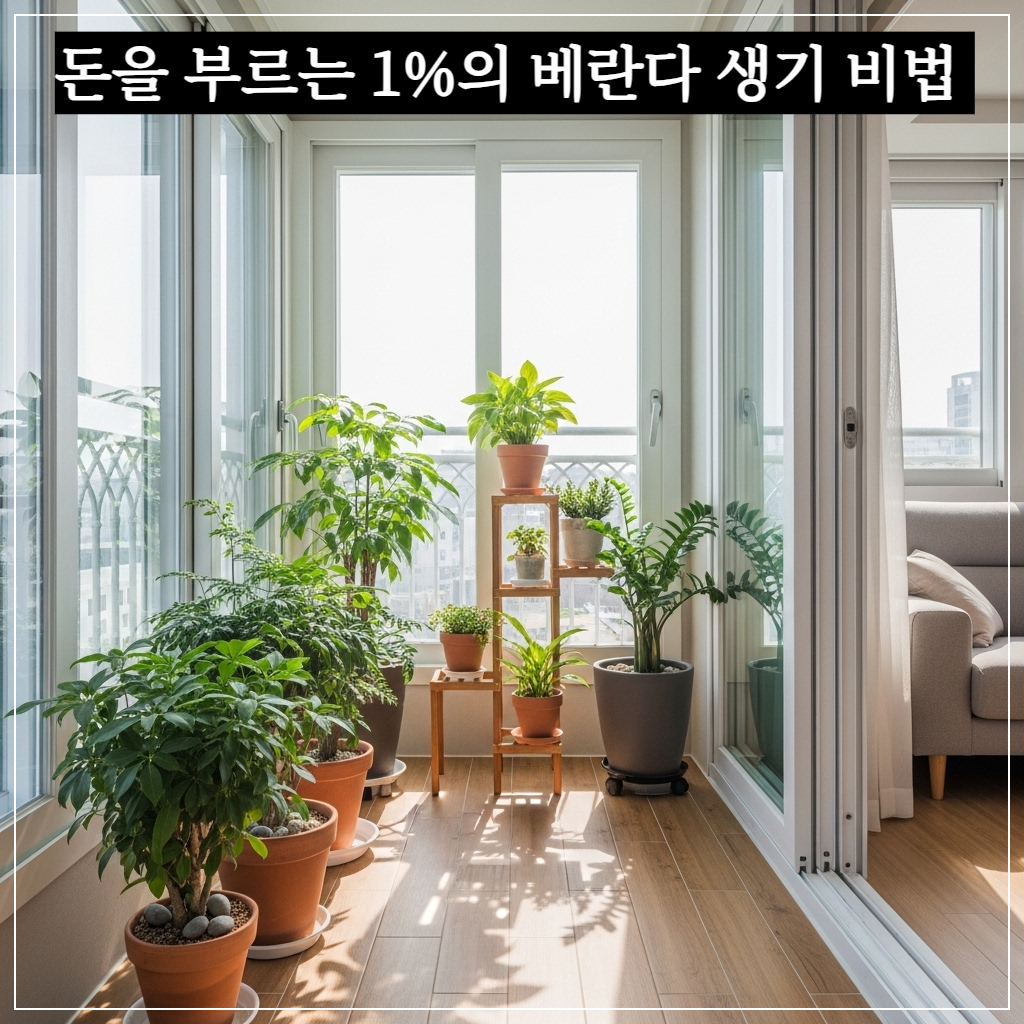 생생한 관엽 식물들이 정돈되어 생기가 넘치는 현대적인 아파트 베란다 풍수 인테리어 모습