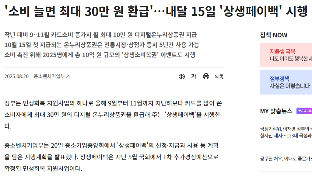 상생페이백 완전정복 ❘ 카드소비 30만원 환급받기 (출처 : 중소벤처기업부)