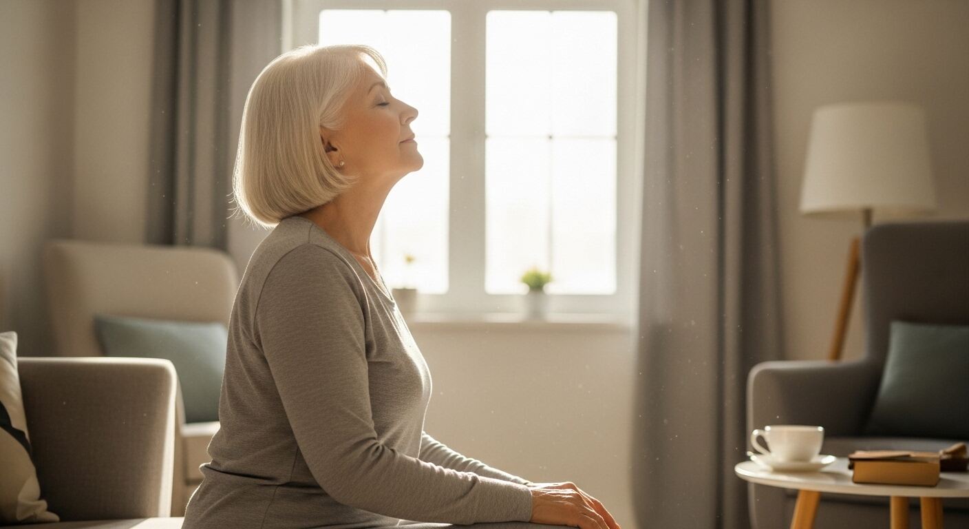 고개를 천천히 좌우로 기울이는 장면 아침 스트레칭 시니어