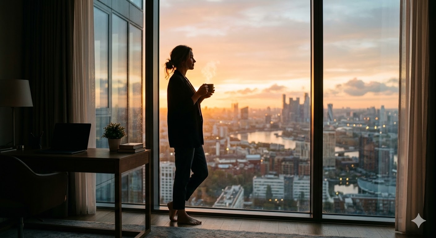 아침 햇살이 비치는 창가에서 평온한 표정으로 차 한 잔을 즐기는 직장인의 실루엣