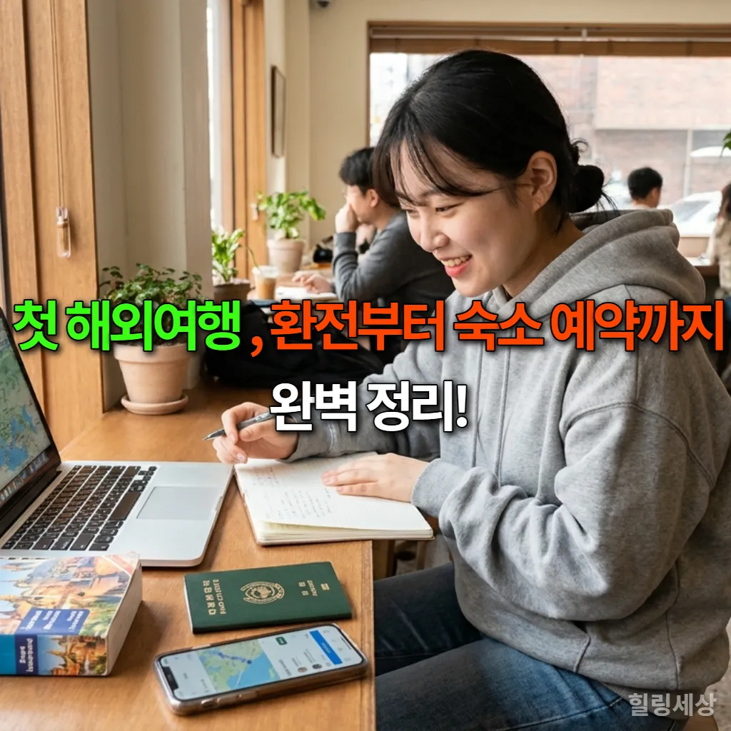 카페에서 노트북과 여권을 보며 첫 해외여행을 계획하는 한국인 여대생