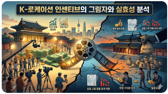 K-로케이션 인센티브 정책의 빛과 그림자를 대조적으로 시각화한 블로그 썸네일입니다. 상단에는 "K-로케이션 인센티브의 그림자와 실효성 분석"이라는 제목이 있습니다.

왼쪽은 정책의 긍정적 효과(빛)를 보여줍니다. 화려한 궁궐에서 대규모 영화 촬영이 진행 중이며, 돈다발과 함께 "지역 경제 활성화", "한류 확산" 그래프가 상승하고 있습니다.

오른쪽은 정책의 부정적 결과(그림자)를 보여줍니다. 거대한 손(외국 자본)이 돈 가방을 독식하고 있으며, 한국 스태프들이 소외된 채 "실질 고용 창출 효과 의문", "하청 기지화 우려", "혈세 유출"이라는 문구와 함께 하락 그래프가 나타나 정책의 실효성에 의문을 제기합니다.
