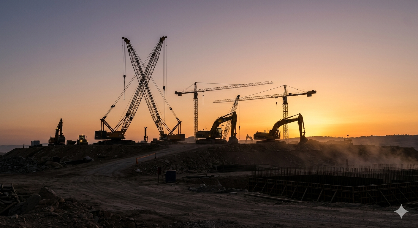 중동 정세의 새벽, 재건 인프라 현장의 크레인과 굴착기 실루엣
