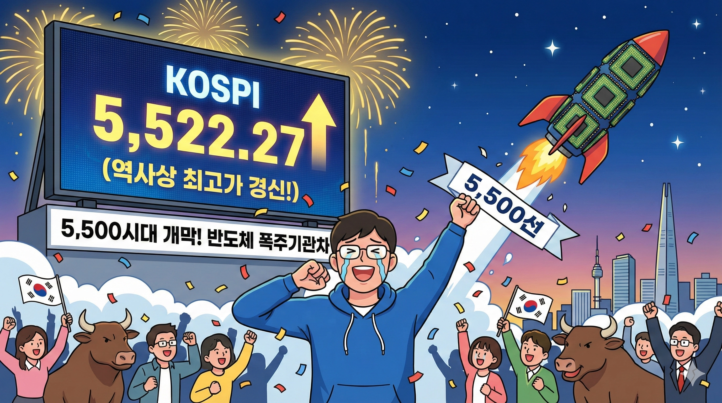 [마감] 코스피 5,500 돌파! 단군 이래 최고가 썼다... 미국 CPI 공포마저 집어삼킨 '반도체 폭주기관차'