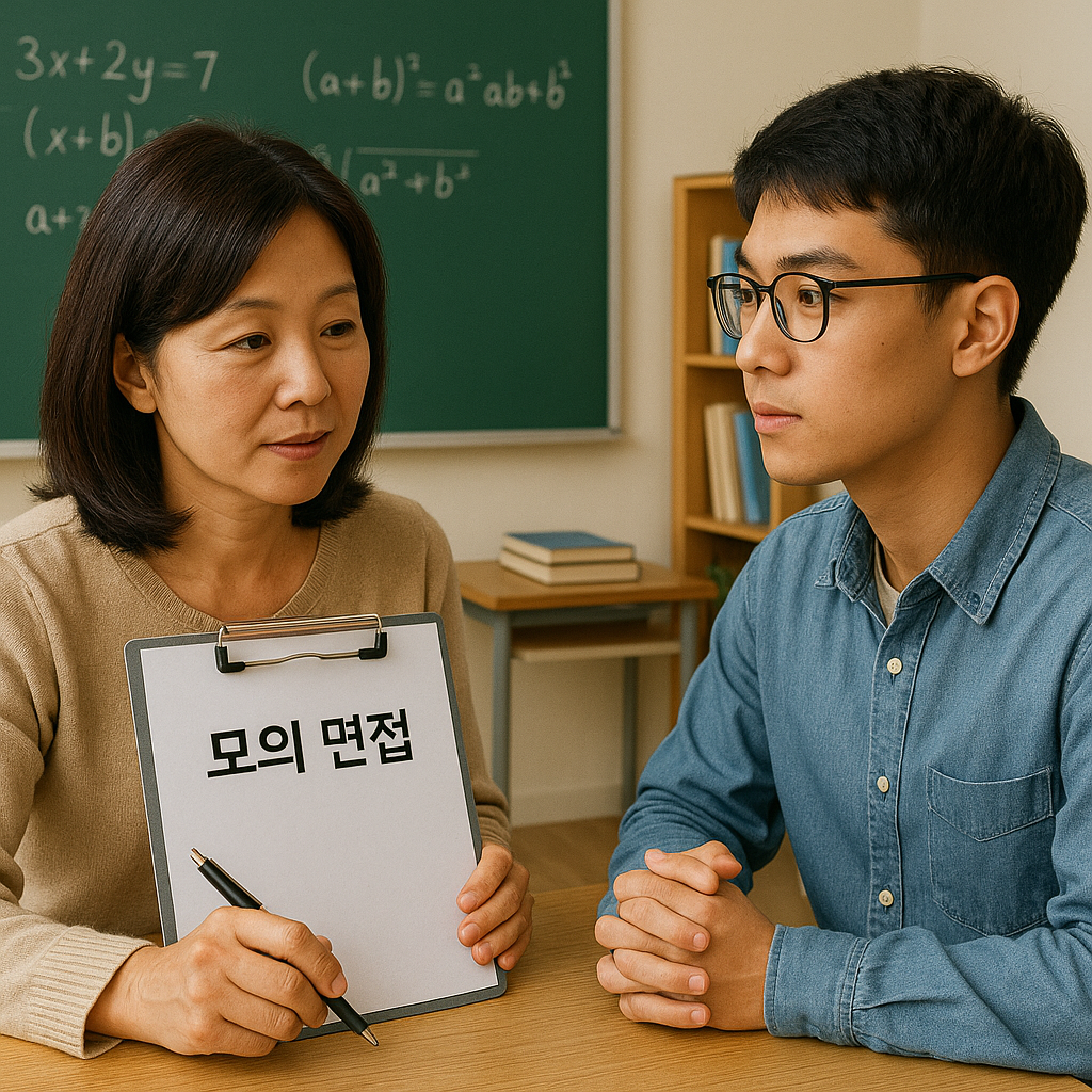 교실이나 스터디 공간에서 모의 면접하는 모습