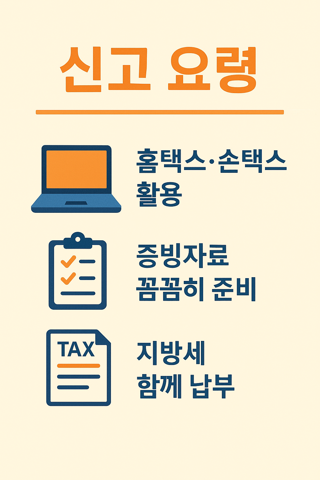 종합소득세 절세 방법을 실천할 때 필요한 신고 요령 안내 이미지로, 홈택스와 손택스 활용, 증빙자료 준비, 지방세 함께 납부 등 필수 과정을 알기 쉽게 정리한 인포그래픽입니다.