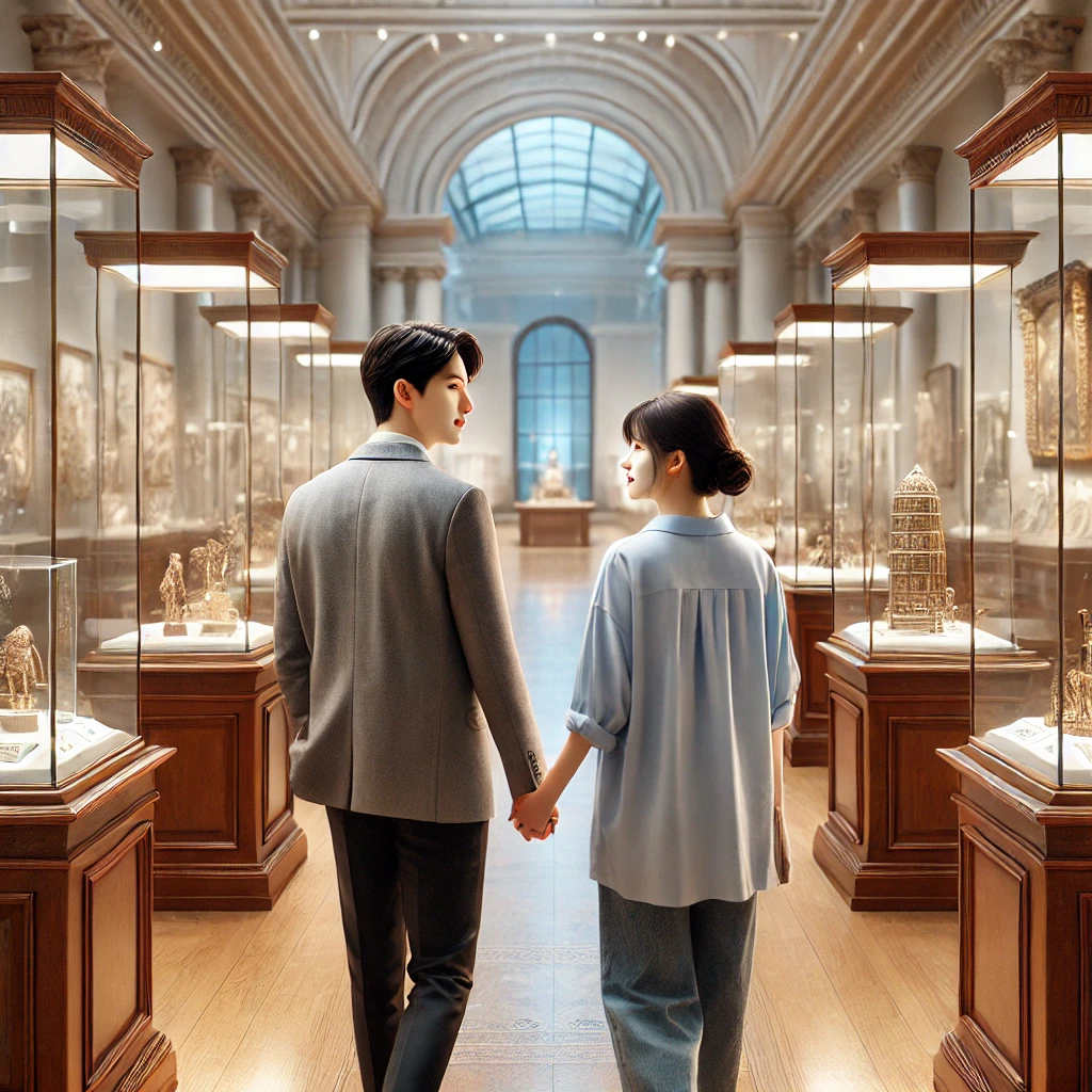 박물관 전시를 걸으며 유물을 감상하는 젊은 커플