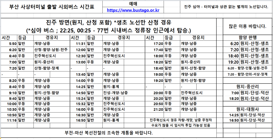 부산서부시외버스터미널 (부산사상터미널) 출발 시간표 6