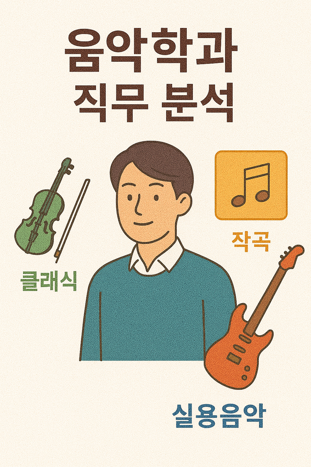 음악학과 직무 분석 포스터로, 클래식(바이올린), 작곡(음표 아이콘), 실용음악(일렉기타)을 각각 상징적으로 표현한 일러스트. 중앙에는 음악 전공 남성이 배치되어 있음