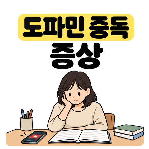 도파민 중독 증상이라는 제목 아래 책상에 휴대전화를 내려놓고 펼친 공책을 바라보는 사람이 있는 대표 썸네일
