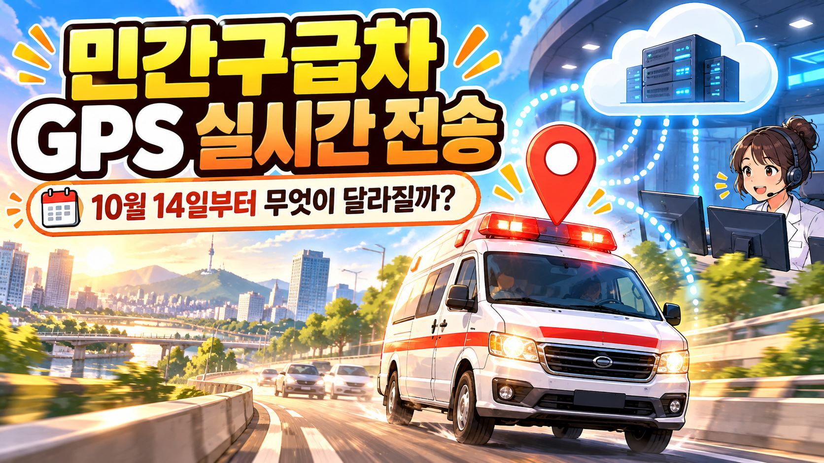 민간구급차 GPS 운행정보 실시간 전송 의무화와 10월 14일부터 달라지는 관리 방식을 소개하는 이미지