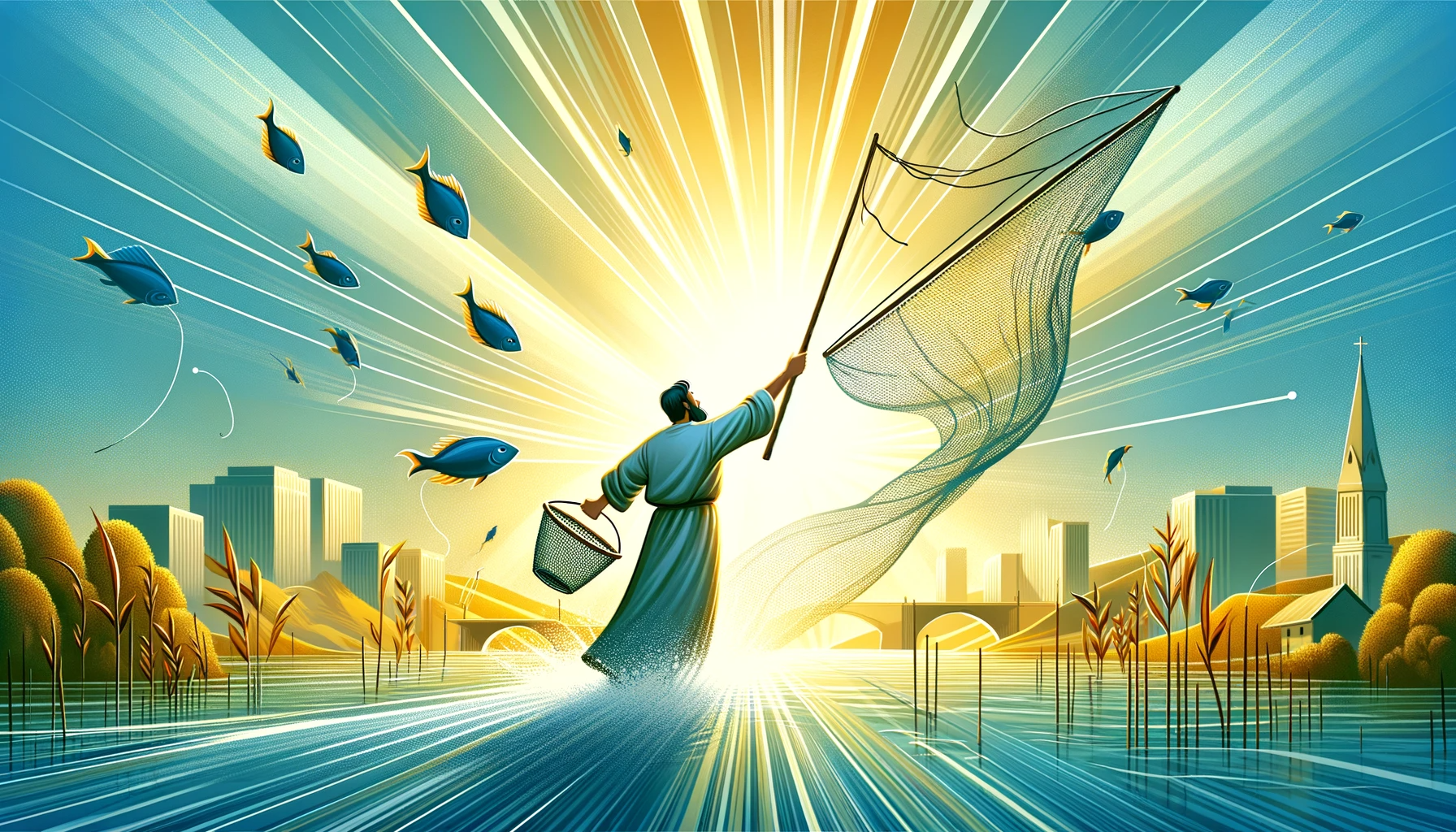 말씀을 따라 그물을 내림 - Here is the image depicting a modern interpretation of the Biblical scene where Peter obeys Jesus' command to cast his net, symbolizing a life of obedience to Jesus' voice. The bright and cheerful background aims to convey the positivity and abundance of following Jesus' teachings.
