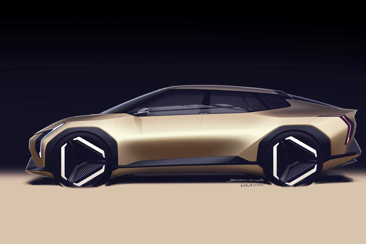 금색 전기 SUV 콘셉트카 측면 디자인 스케치