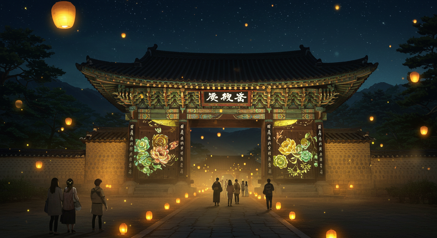 밤하늘 아래 빛과 미디어아트로 물든 통도사 전경 썸네일