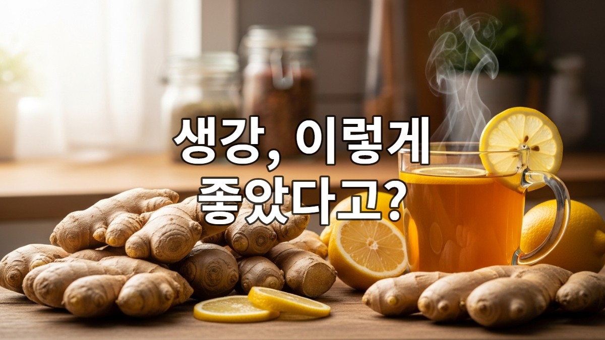신선한 생강 뿌리와 따뜻한 생강차가 놓인 건강하고 편안한 분위기의 이미지