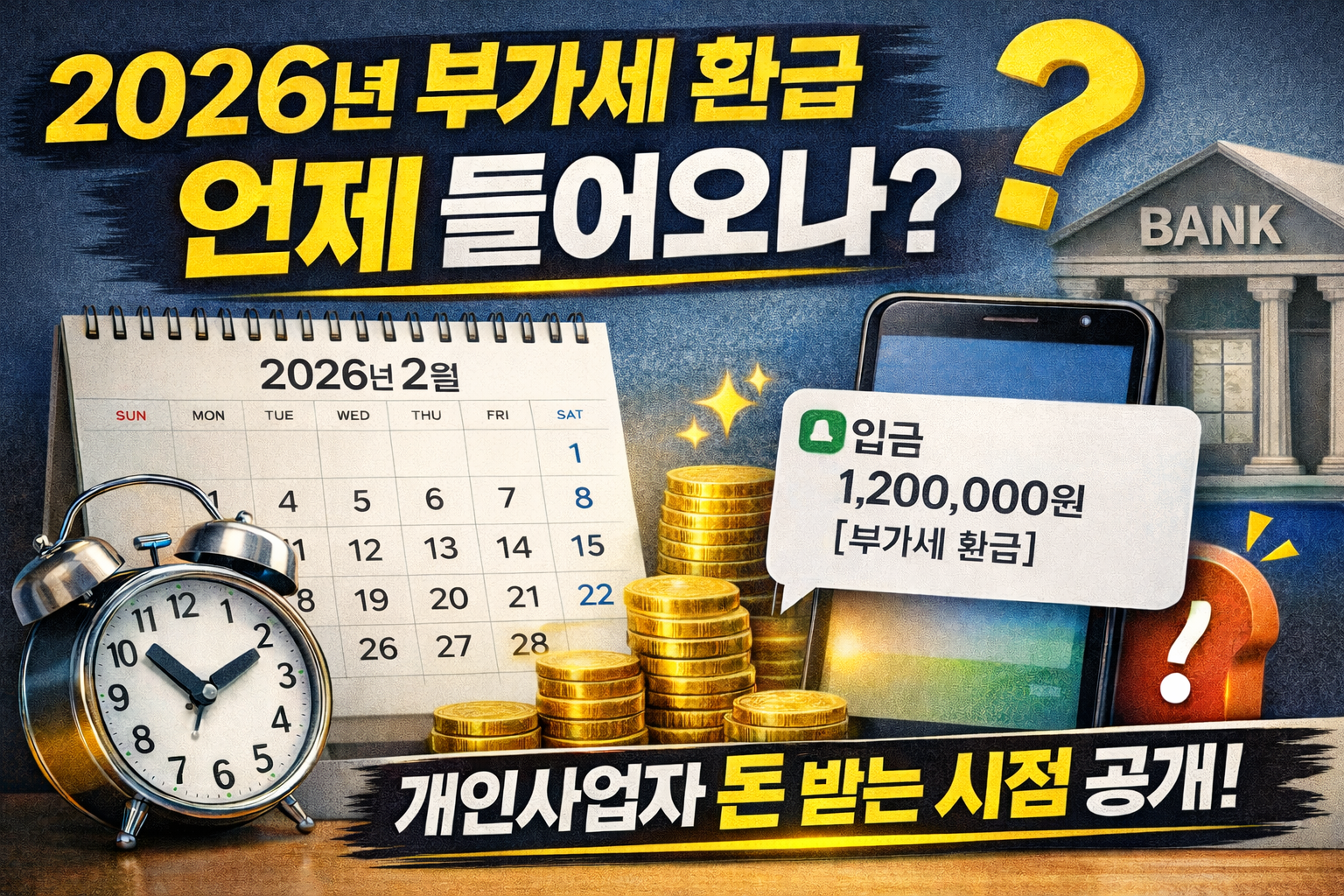 2026년 개인사업자 부가세 환급 시점을 설명하는 썸네일 이미지로, 2월 달력과 금전 입금을 상징하는 시각 요소를 통해 부가세 환급이 실제로 언제 통장에 들어오는지를 표현한 이미지