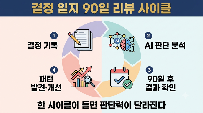 결정 기록부터 AI 분석, 일정 기간 후 결과 확인, 판단 패턴 검토까지 이어지는 과정