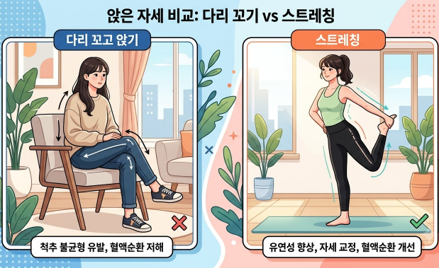다리를 꼬고 앉은 자세와 스트레칭하는 자세를 비교하는 일러스트