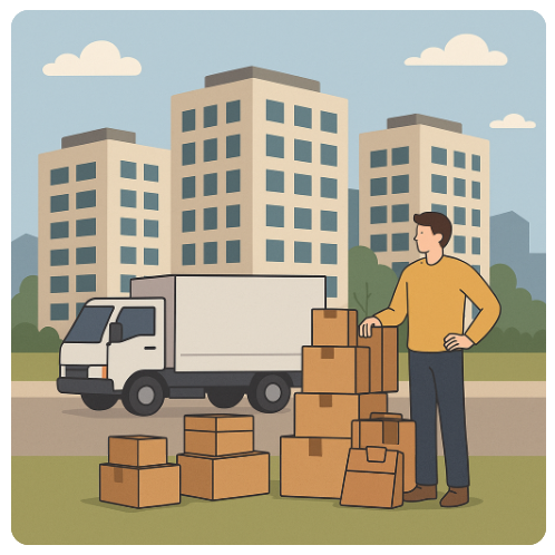 청년 이사 장면을 상징하는 이삿짐 상자와 트럭