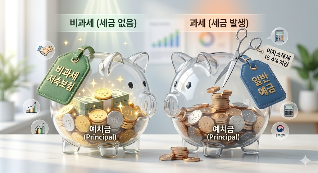 비과세 저축보험의 전액 이자 수령과 일반 예금의 이자소득세 차감을 비교하는 3D 일러스트