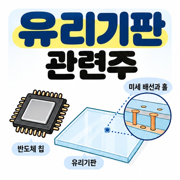 유리기판 관련주 문구와 반도체 칩, 투명 유리기판, 미세 배선 아이콘을 보여주는 대표 카드