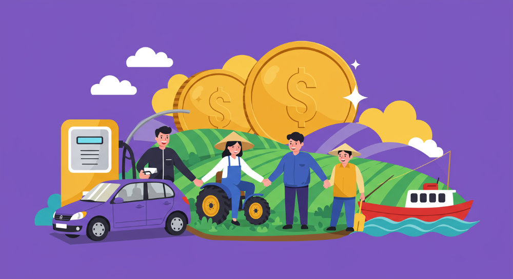 2025년 정부 유류비 지원 제도의 혜택을 받고 기뻐하는 경차 운전자, 농업인, 어업인들의 모습.