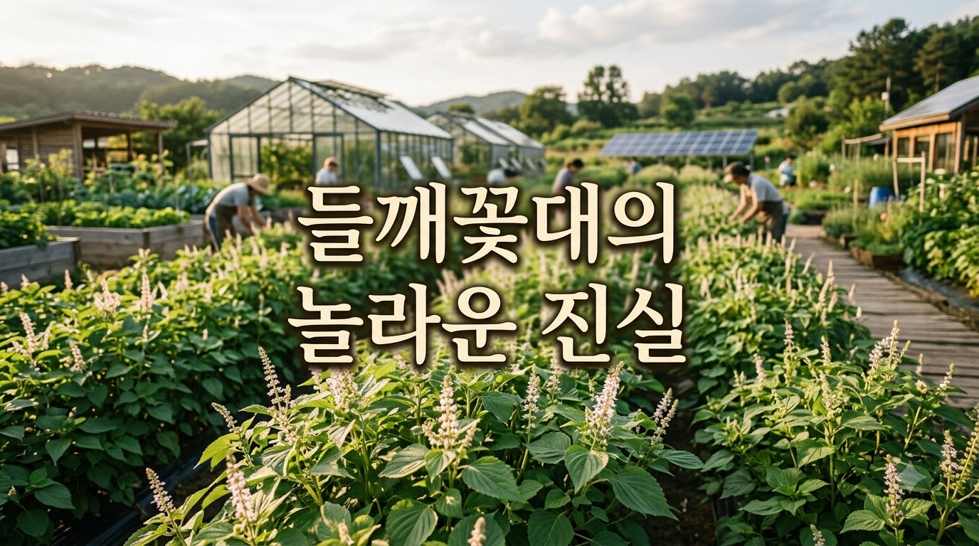 싱그러운 밭에서 향긋한 들깨꽃대가 풍성하게 피어난 모습을 자랑스럽게 바라보는 농부의 모습