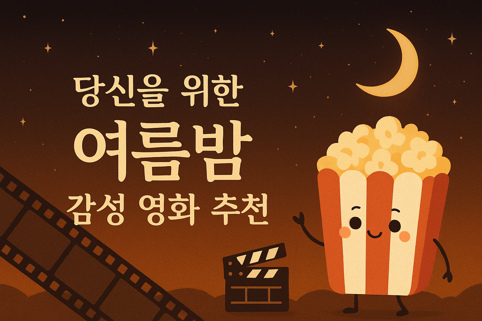 여름밤 감성 영화를 소개하는 티스토리 블로그용 가로형 썸네일 이미지, 파스텔 톤 배경에 6편의 영화 아이콘과 필름 클랩보드가 그려져 있음