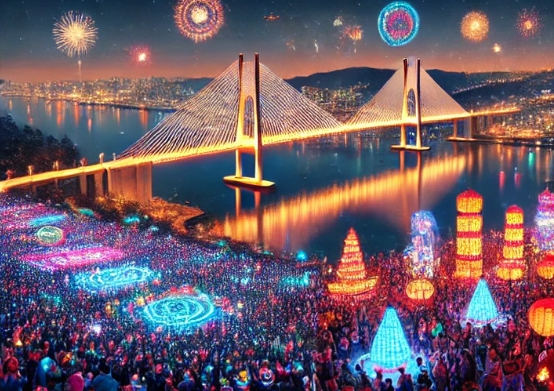 새해 행사에 많은 사람들이 있고 불꽃놀이진행중.