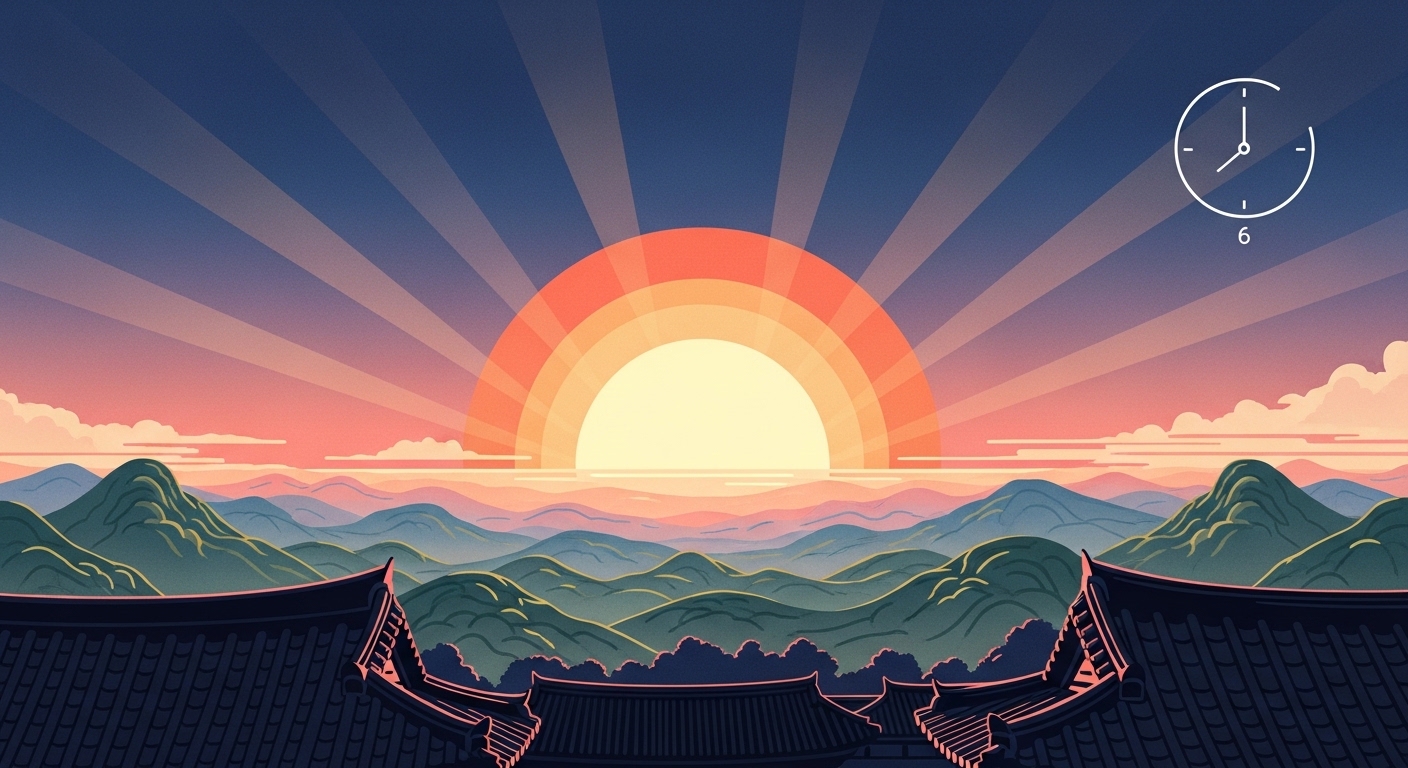 동이 트는 하늘과 떠오르는 태양을 배경으로 시계가 그려진 그래픽. 삼신상을 차릴 일출 시간을 계산하는 과정을 상징합니다.