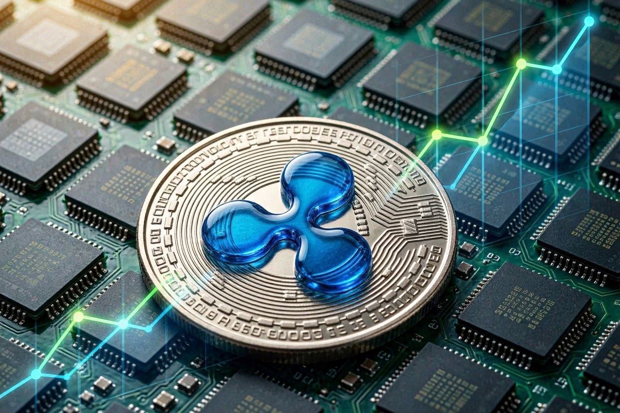 반도체를 배경으로 리플 XRP코인의 표현과 상승하는 차트 이미지