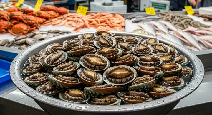 신선하게 보이는 전복이 큰 그릇에 담겨 있고 그 주변에는 여러가지 해산물들이 보입니다. 아무래도 이 곳은 수산시장 같습니다.