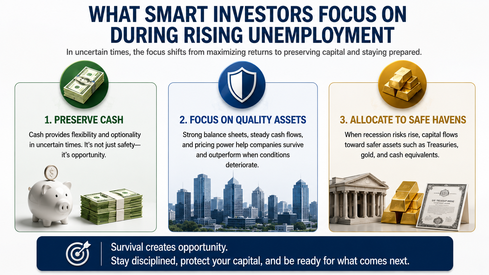 Smart investor strategy infographic highlighting cash reserves, quality assets, and safe-haven investments during economic uncertainty.