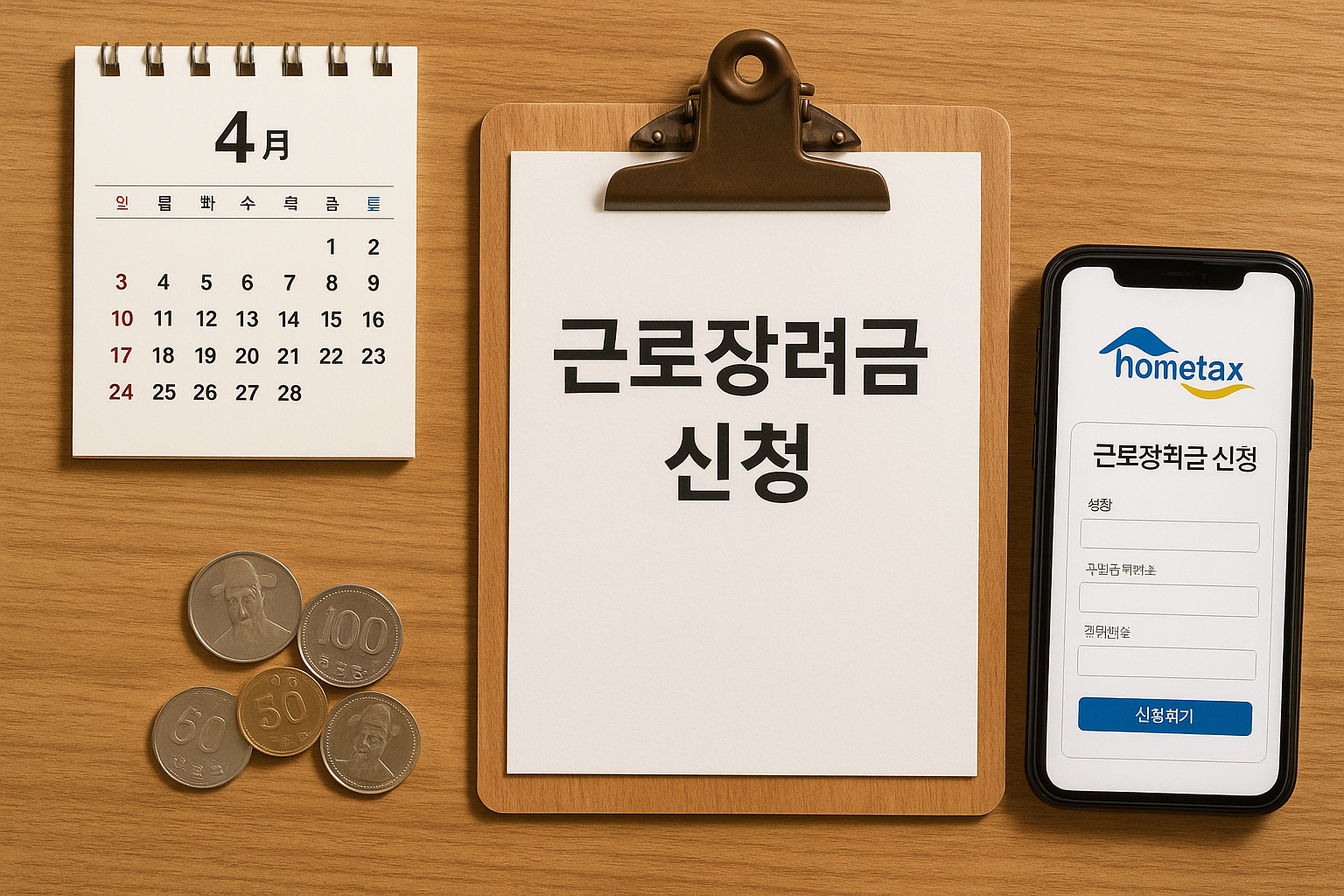 ‘근로장려금 신청’ 문구가 명확하게 적힌 클립보드, 스마트폰 홈택스 신청 화면, 한국 동전들이 나무 테이블 위에 배열된 사진 스타일 썸네일