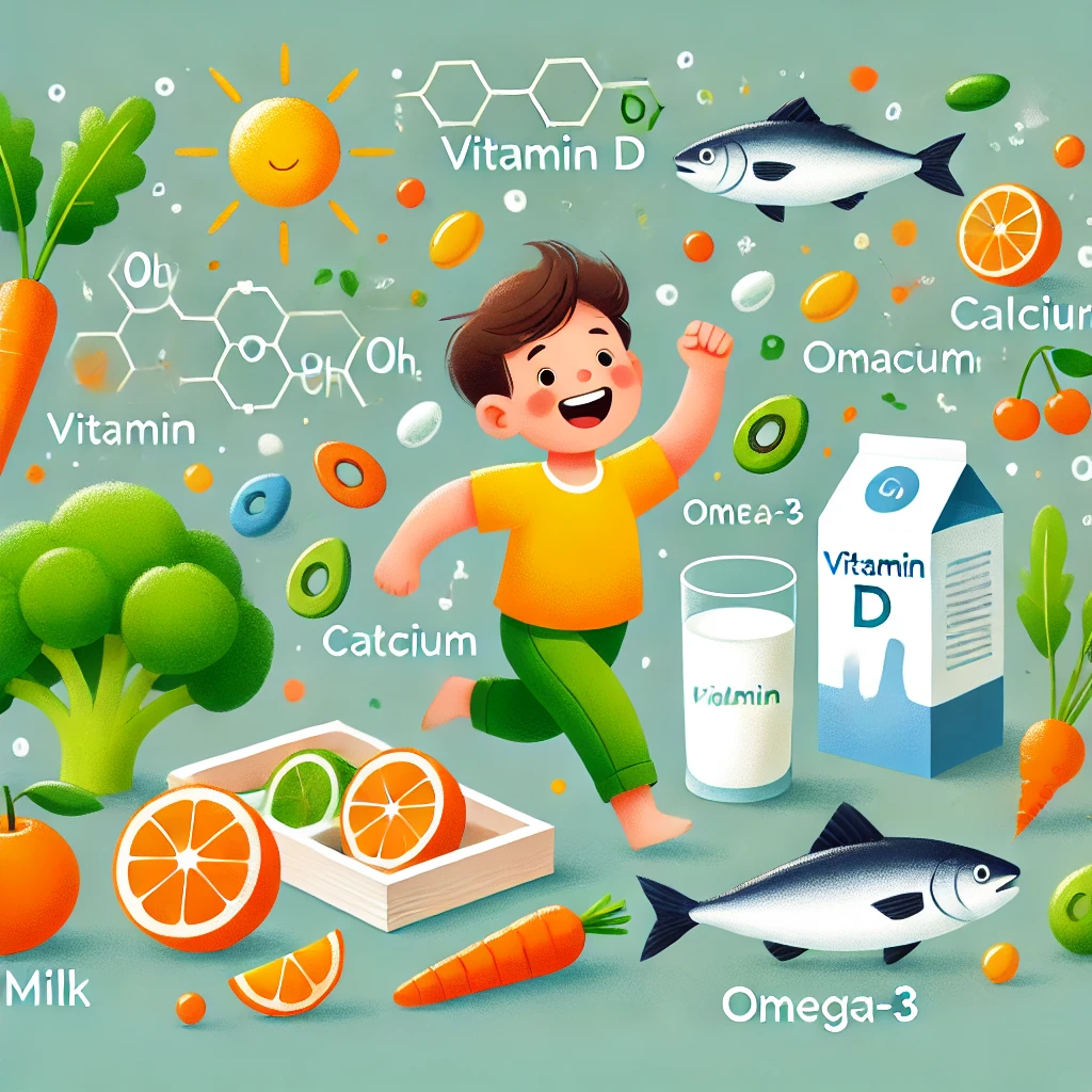 생성된 이미지는 성장기 아이들에게 필요한 영양소를 주제로 한 시각적으로 매력적인 일러스트입니다. 비타민 D, 칼슘, 오메가-3 등과 관련된 건강 요소와 밝고 유쾌한 분위기를 담고있다
