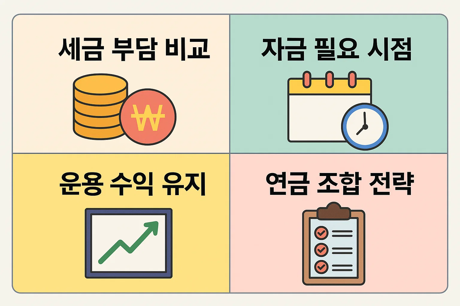 IRP퇴직연금 수령 시 세금 부담 비교, 자금 필요 시점, 운용 수익 유지, 연금 조합 전략 등 선택 기준을 정리한 2025 비교 인포그래픽